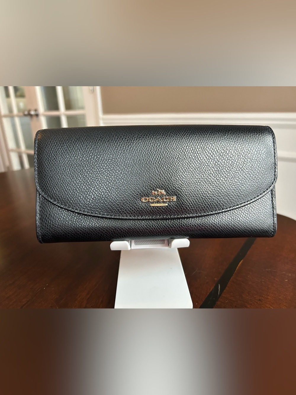 Coach Black Pebbled Leather Continental Clutch Wallet with Gold Logo